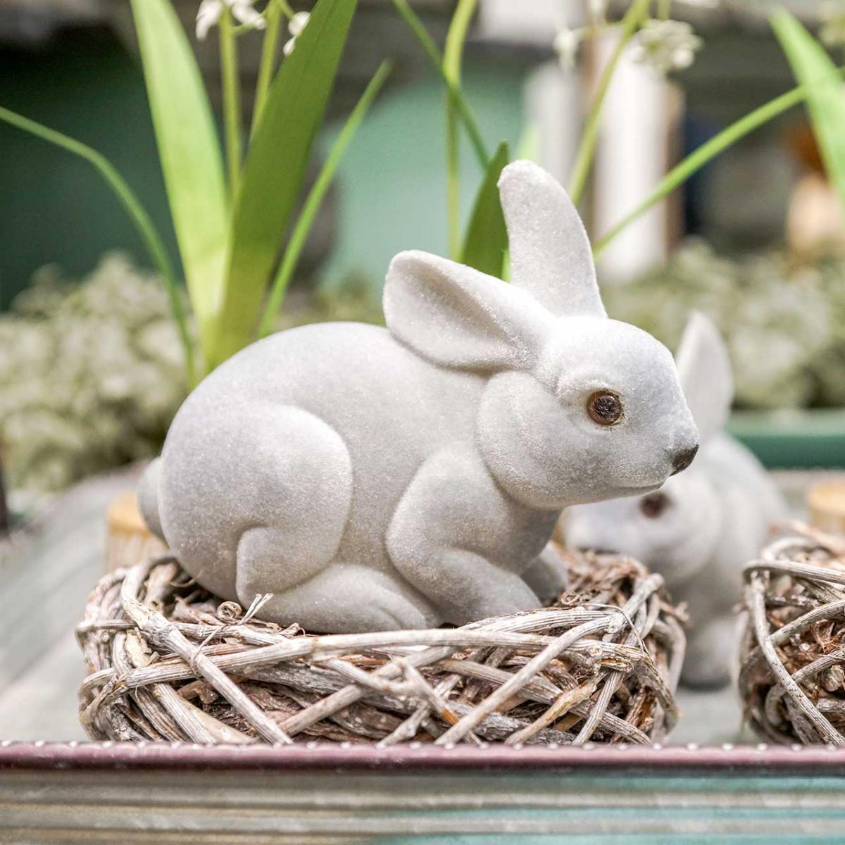Figura decorativa conejo gris, decoración primaveral, conejito de pascua sentado flocado 3pcs