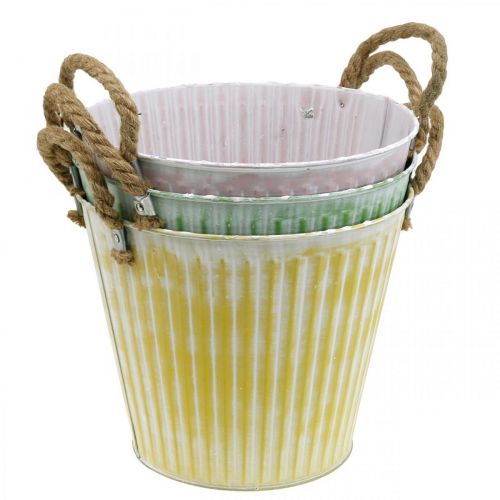 Artículo Cubo para plantar, macetero con asas, decoración de metal rosa/verde/amarillo shabby chic Ø16,5 cm H15 cm juego de 3