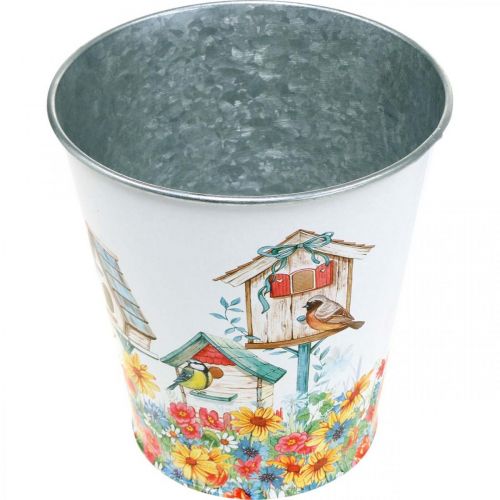 Artículo Maceta de metal con motivo, jardinera con pajareras, cubo de hojalata H13cm Ø11.5cm