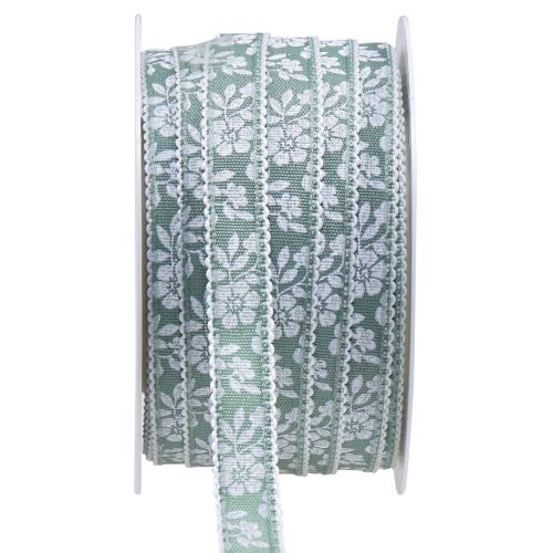 Artículo Cinta de regalo flores cinta decorativa verde pastel 15mm 25m