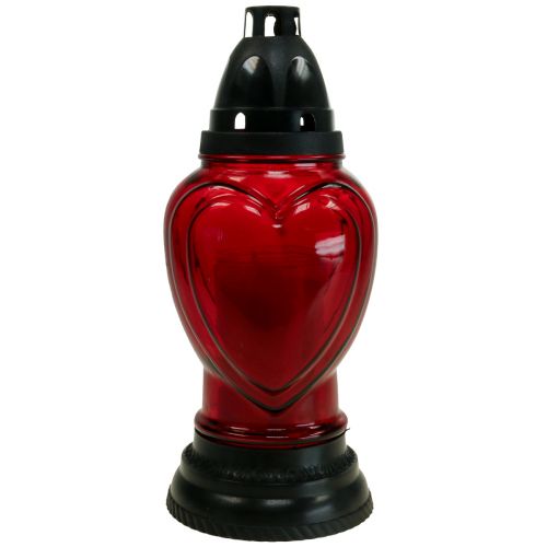Floristik24 Lámpara para tumba de cristal con grabado de corazón, farol para tumba, rojo, Ø11cm, H26cm