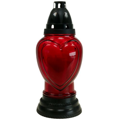 Lámpara para tumba de cristal con grabado de corazón, farol para tumba, rojo, Ø11cm, H26cm