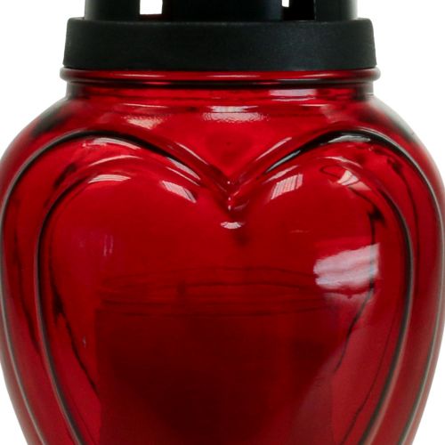 Floristik24 Lámpara para tumba de cristal con grabado de corazón, farol para tumba, rojo, Ø11cm, H26cm