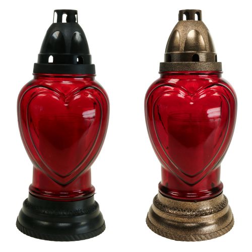 Floristik24 Lámpara para tumba de cristal con grabado de corazón, farol para tumba, rojo, Ø11cm, H26cm