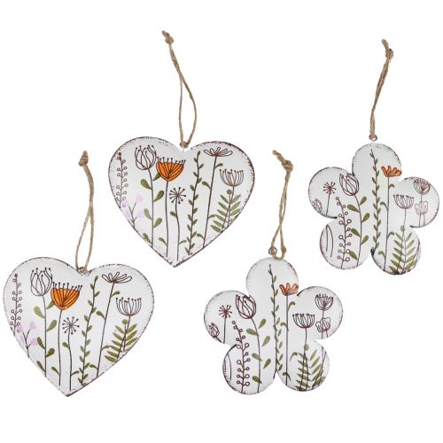Artículo Decoración colgante decoración de metal corazones y flores blanco 10cm 4ud