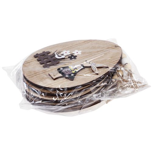 Artículo Huevos de Pascua para colgar huevo de madera con conejito blanco natural 10cm 6ud