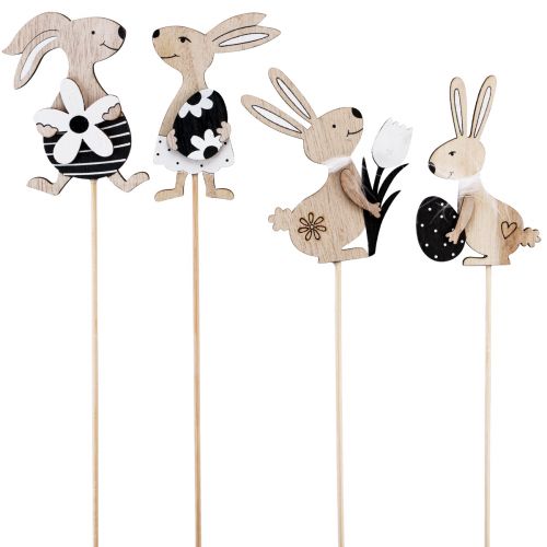 Artículo Tapón de flores Conejito de Pascua negro blanco natural H9cm 12 piezas