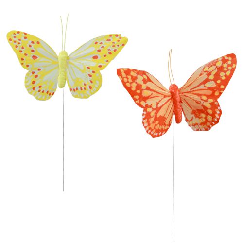 Mariposas decorativas sobre plumas de alambre amarillo anaranjado 7×11cm 12ud