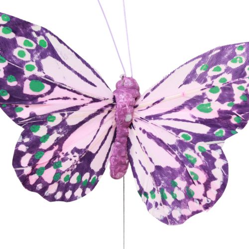Artículo Mariposas decorativas sobre plumas de alambre rosa violeta 7×10cm 12 piezas