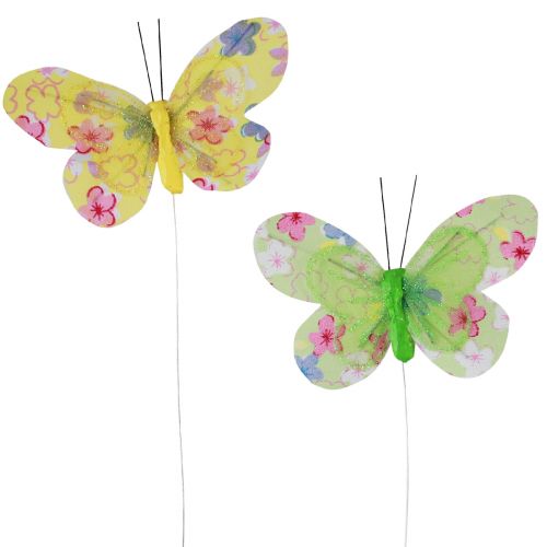 Floristik24 Mariposas decorativas sobre alambre flores amarillas verdes 6×9cm 12ud