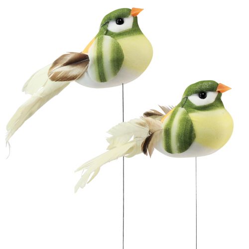Artículo Pájaro de plumas sobre alambre pájaro decorativo con plumas verde naranja 4cm 12pz