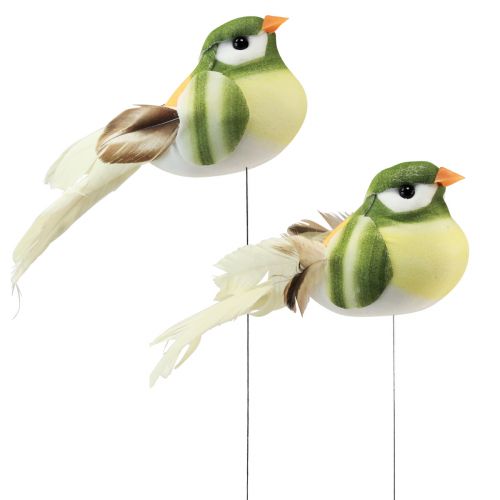 Floristik24 Pájaro de plumas sobre alambre pájaro decorativo con plumas verde naranja 4cm 12 piezas