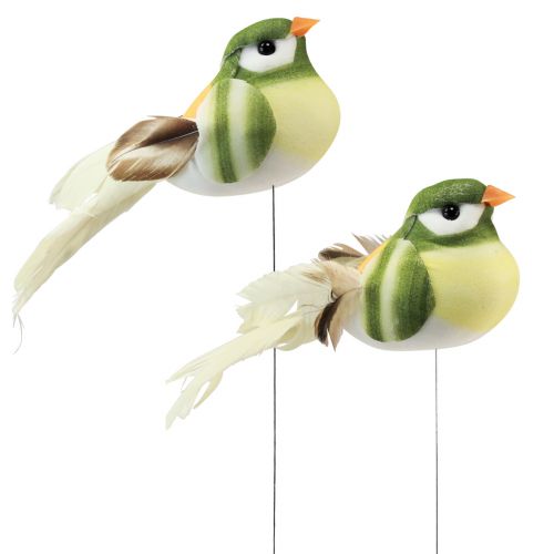 Floristik24 Pájaro de plumas sobre alambre pájaro decorativo con plumas verde naranja 4cm 12pz