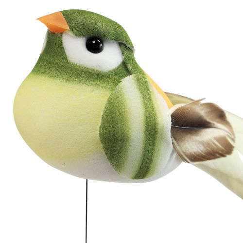 Floristik24 Pájaro de plumas sobre alambre pájaro decorativo con plumas verde naranja 4cm 12 piezas