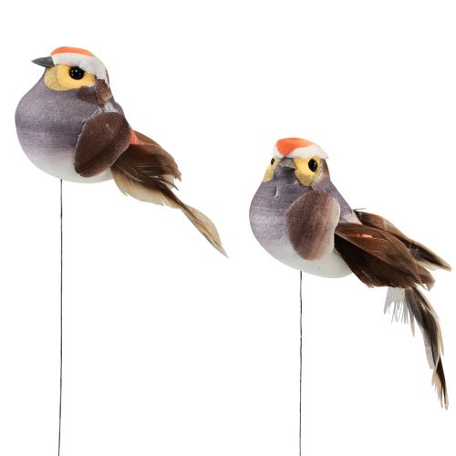 Pájaro de plumas sobre alambre pájaro decorativo con plumas gris 4cm 12pz
