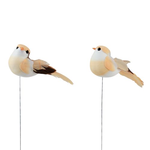 Pájaro de plumas sobre alambre, pájaro decorativo con plumas marrón naranja 4cm 12ud