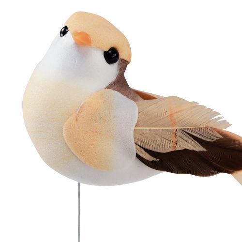 Artículo Pájaro de plumas sobre alambre, pájaro decorativo con plumas marrón naranja 4cm 12 piezas