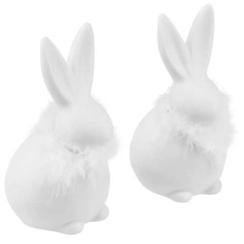 Artículo Conejito De Cerámica Blanco Sentado Flores Plumas 9×7×14cm 2uds