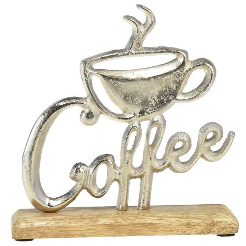 Floristik24 Metal Deco Café Plata Base Madera Natural 17,5x5x18cm