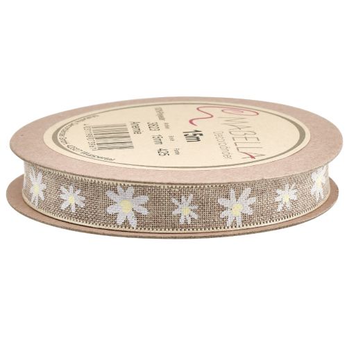 Artículo Cinta de regalo flores cinta decorativa marrón blanco 15mm 15m