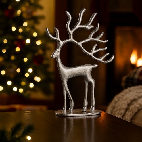 Artículo Figura de ciervo decorativa de reno de metal plateado H31cm