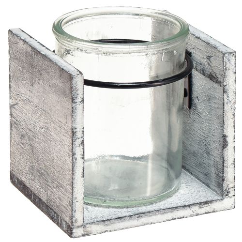 Artículo Portavelas de cristal con marco rústico de madera - blanco grisáceo, 10x9x10cm - encantadora decoración de mesa 3 piezas