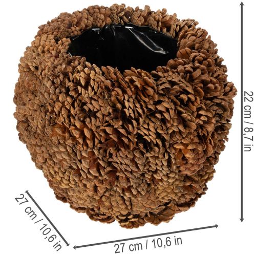 Maceta decorativa con piñas, aspecto natural, 27 cm. Maceta redonda con forma de piña, color marrón natural, hecha de piñas, 27 cm x 22 cm. | Floristik24.es