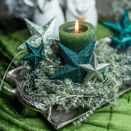Floristik24 Estrellas brillantes para colgar esmeralda / petróleo Ø21cm 2pcs