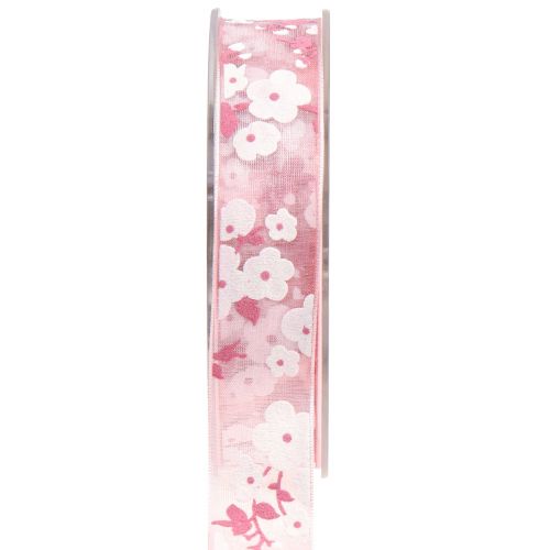 Floristik24 Cinta organza rosa con flores cinta regalo 20mm 20m