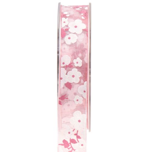 Artículo Cinta organza rosa con flores cinta regalo 20mm 20m
