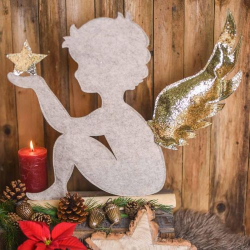 Floristik24 Soporte de ángel navideño sobre tronco de abedul fieltro crema, oro Al 46cm