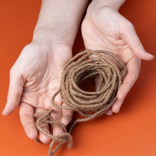 Artículo Cordón de lana marrón con hilo dorado, 5m x 5mm con alambre, para decoración y manualidades