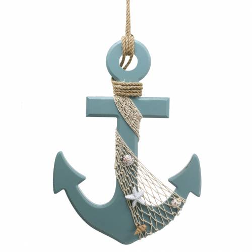 Ancla madera con conchas azul claro 28,5×40cm