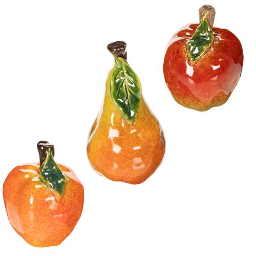 Juego de frutas artificiales: manzana y pera, artículo decorativo de otoño, 12 cm, 3 piezas. | Floristik24.es