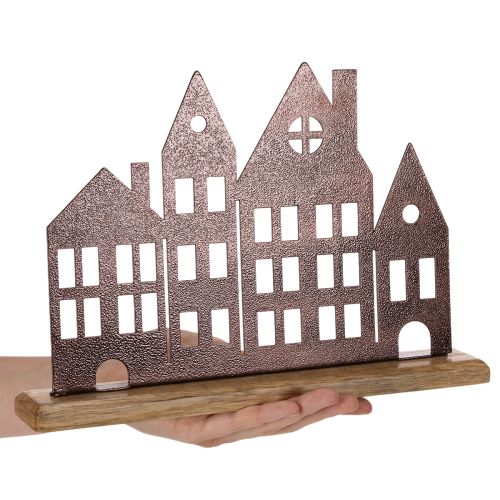 Decoración de hilera de casas, metal con base de madera, 30 cm | Floristik24.es