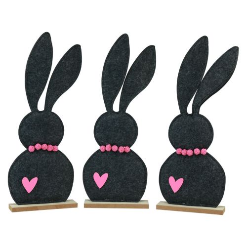 Artículo Decoración de mesa Decoración de conejito de Pascua fieltro negro con corazón 45cm 3 piezas