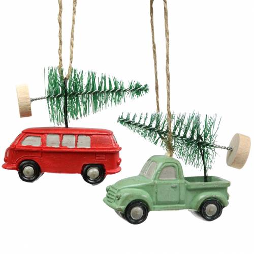 Floristik24 Decoración de árbol de Navidad Coche con abeto Rojo / verde 2 piezas