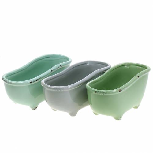 Floristik24 Bañera decorativa cerámica gris, verde clasificada 22cm x 10cm H10cm juego de 3