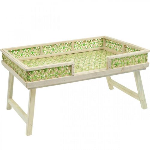 Floristik24 Bandeja de cama de bambú, bandeja plegable para servir, bandeja de madera con dibujo de mimbre en verde y colores naturales 51,5×37cm