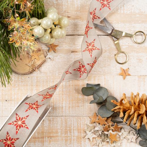 Cinta decorativa con estrellas rojas, 40 mm de ancho, 15 m de largo. | Floristik24.es
