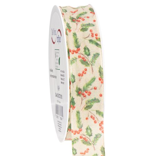 Cinta decorativa con acebo y bayas, borde dimensionalmente estable, 25 mm, 18 m comprar | Floristik24.es