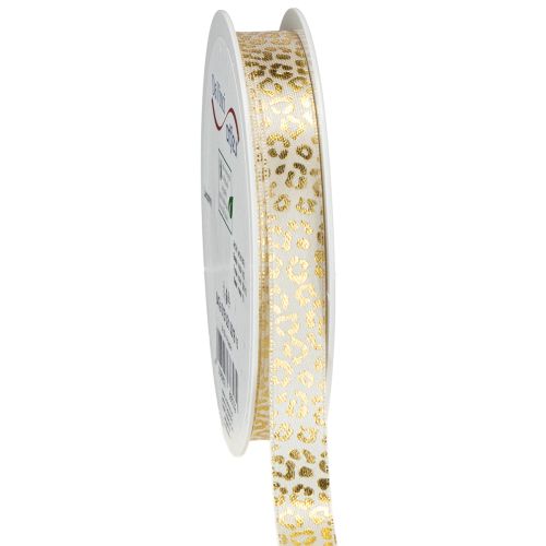 Cinta de seda con estampado de leopardo, color crema y dorado, 15 mm, 18 m