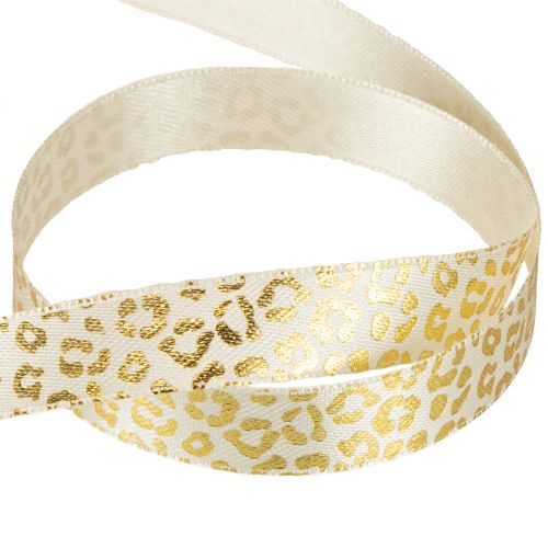 Artículo Cinta de seda con estampado de leopardo, color crema y dorado, 15 mm, 18 m