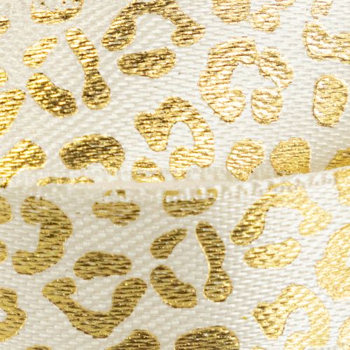 Artículo Cinta de seda con estampado de leopardo, color crema y dorado, 15 mm, 18 m