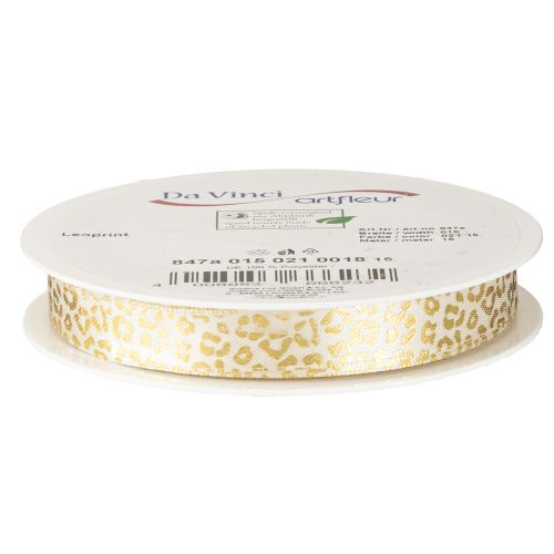 Artículo Cinta de seda con estampado de leopardo, color crema y dorado, 15 mm, 18 m