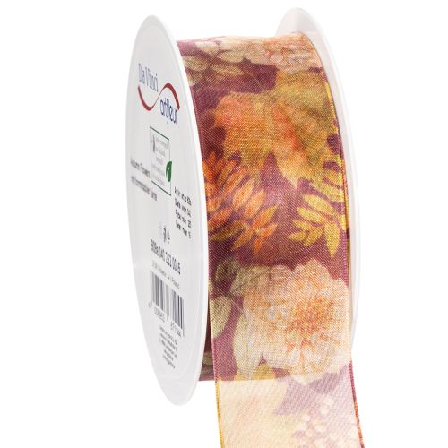Cinta de regalo en colores otoñales, cinta de organza con estampado floral, 40 mm, 15 m