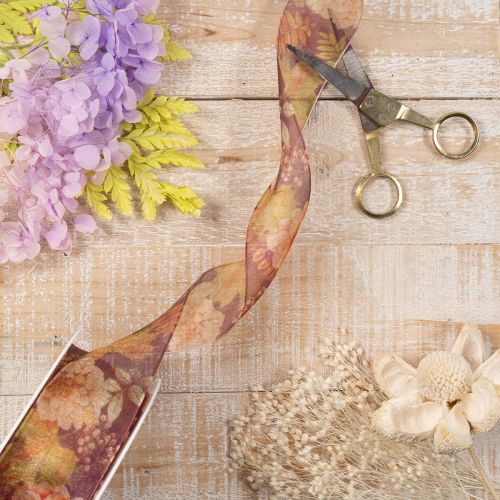 Cinta de regalo en colores otoñales, cinta de organza con estampado floral, 40 mm, 15 m | Floristik24.es