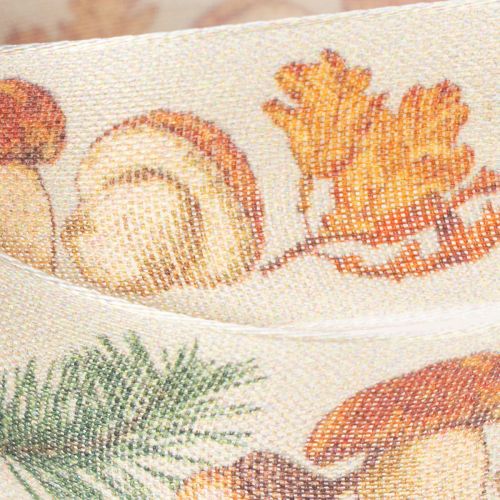 Cinta decorativa con motivo de setas y hojas de otoño, 25 mm de ancho, 18 m de largo. | Floristik24.es