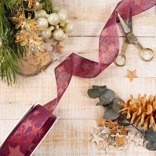 Cinta decorativa brillante con estampado de estrellas para adornos navideños, 40 mm x 15 m | Floristik24.es