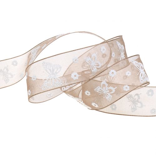 Floristik24 Cinta Organza Mariposa Marrón 25mm 20m